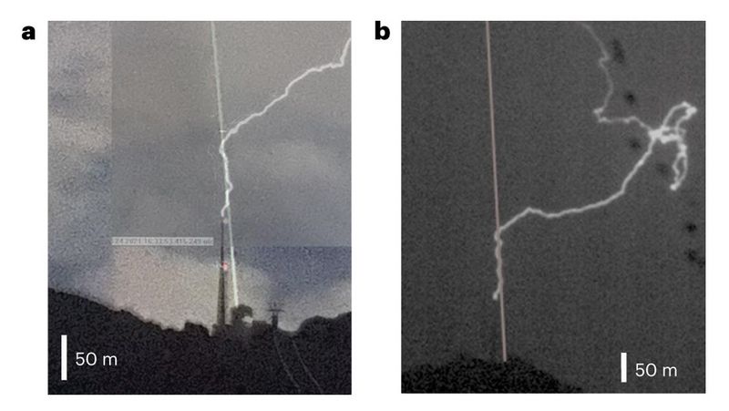 Picture of a lightning and a laser beam